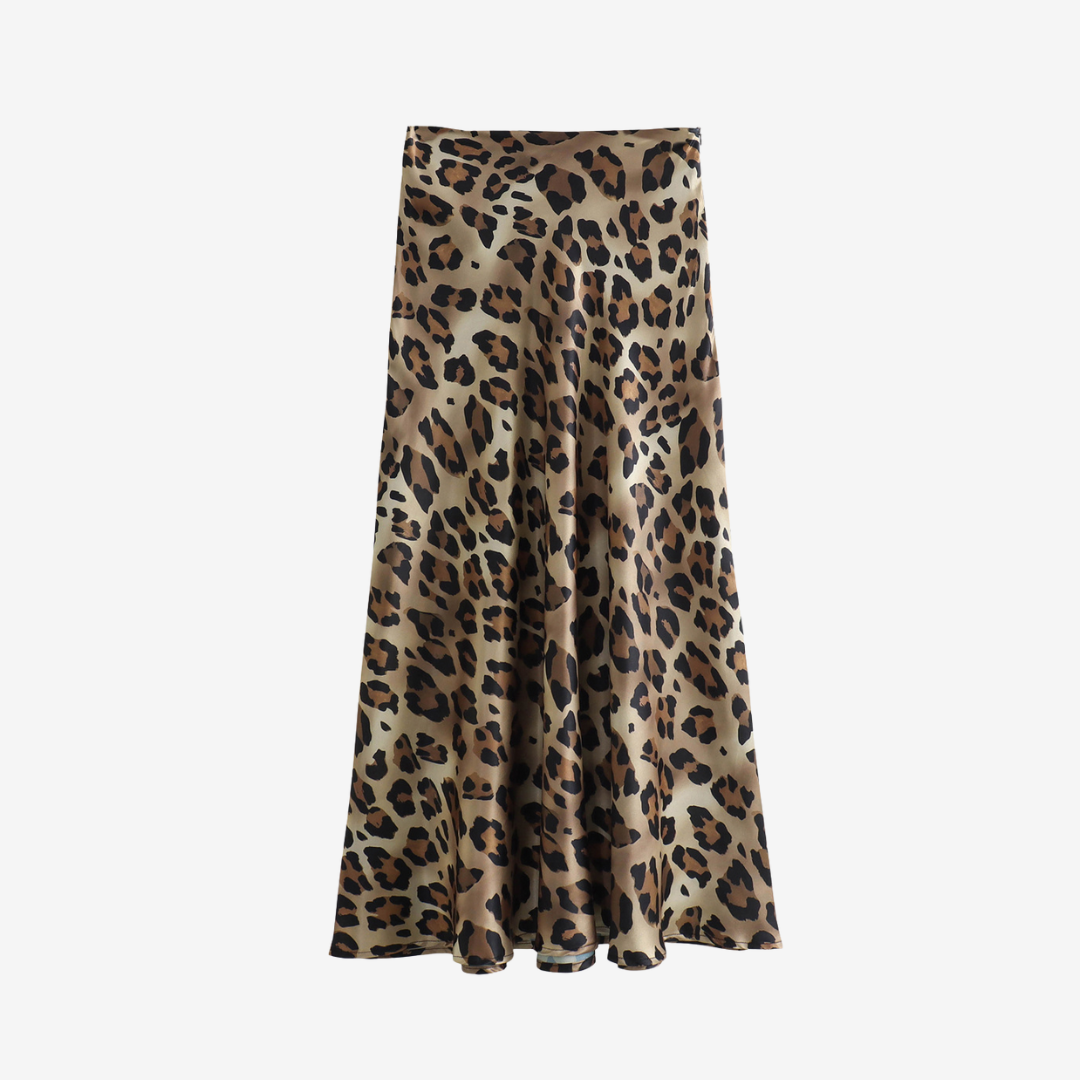 Satin Animal Print Midi Skirt